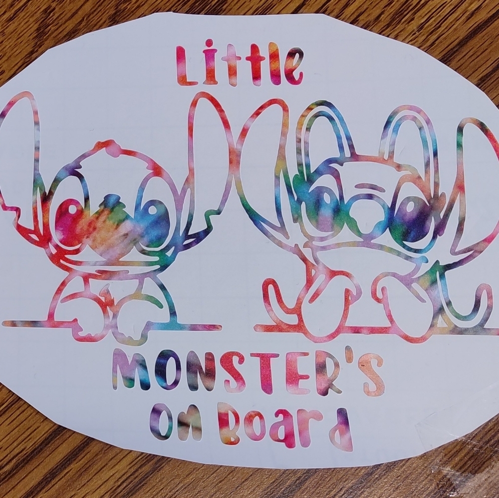 Disney's Stitch & Angel Tye Dye Vinyl Decal "Little Monsters On Board"